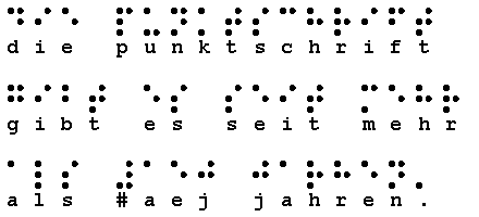 
Geschrieben für das Lesen mit einer Braillezeile:
die punktschrift gibt es seit mehr als #aej jahren.
Bedeutung der einzelnen Zeichen (durch Strich voneinander getrennt):
d-i-e p-u-n-k-t-s-c-h-r-i-f-t g-i-b-t e-s s-e-i-t m-e-h-r a-l-s #-a-e-j j-a-h-r-e-n-.
