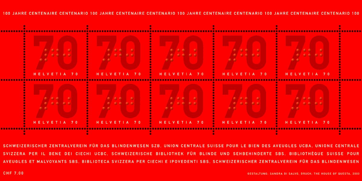 sheetlet of 10 stamps with braille embossing